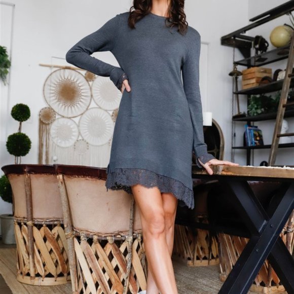 Charcoal Mock Neck Relaxed Crochet Lace Hem Detail - Picture 4 of 4